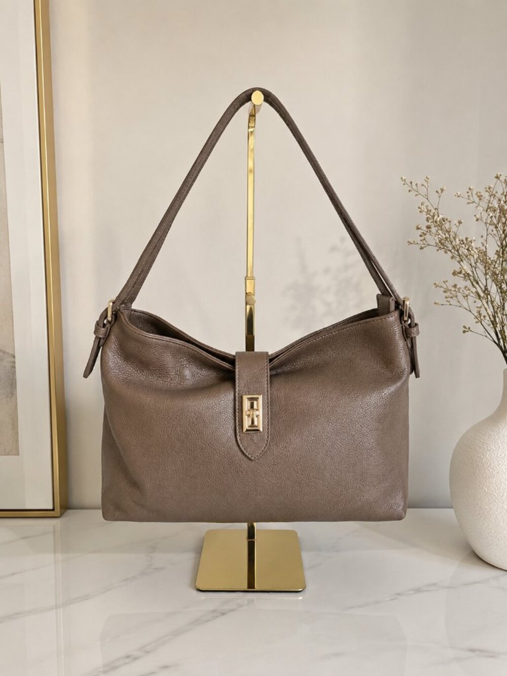 Taupe Genuine Leather Shoulder Bag, Italian Leather Handbag, Medium Hobo Bag
